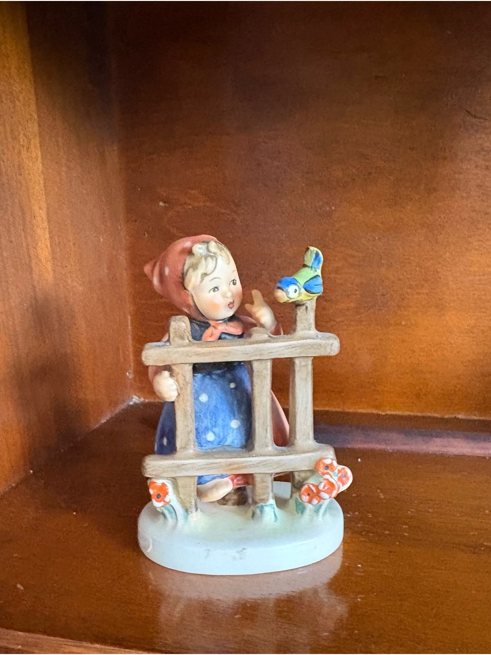 Hummel Girl Figurine with Blue Dress and Red Headscarf
